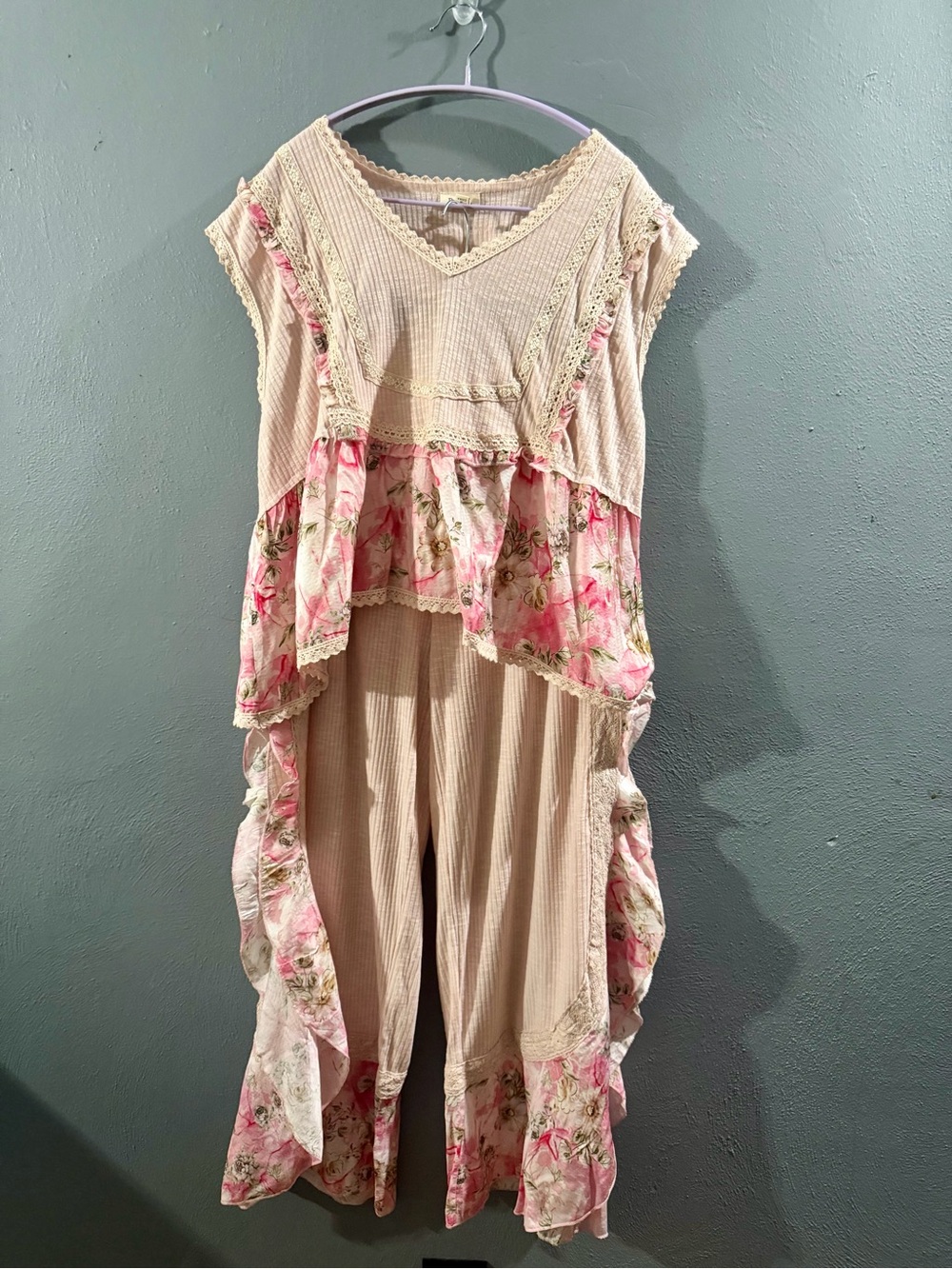 Womens Cream & Pink Floral Pant-Set